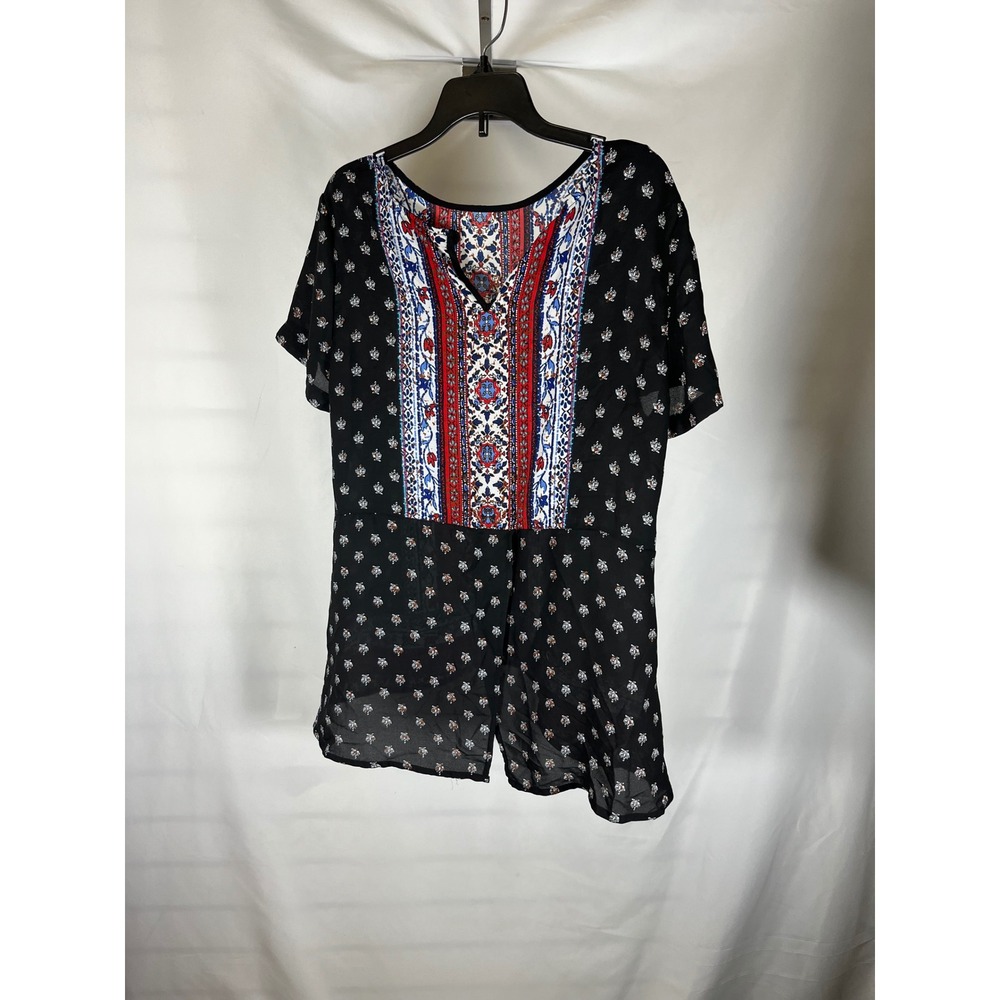 Lily White Womens Small Black Boho Floral Medallion Split Front Short Sleeve Top